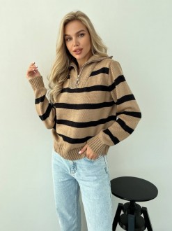 Жіночий светр вовняний в смужку з блискавкою бежевий з чорним р.42/46 396780
