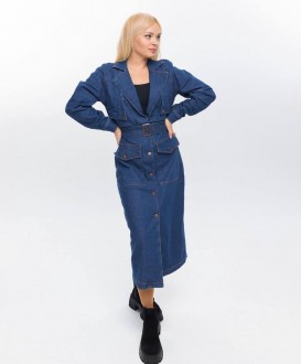 Жіночий джинсовий тренч на поясі колір синій р.М/L 445683
