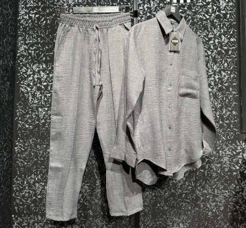 Жіночий костюм-двійка із льону колір сірий р.L 454932