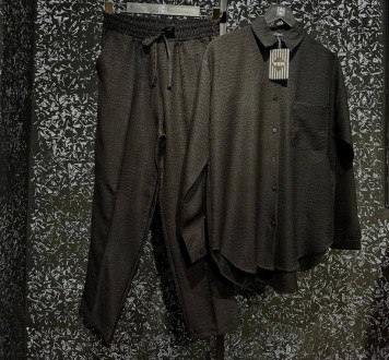 Жіночий костюм-двійка із льону колір чорний р.XL 454930