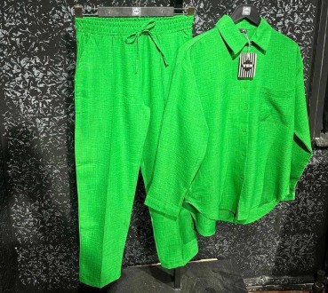 Жіночий костюм-двійка із льону колір зелений р.XL 454927