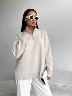 Жіночий светр із блискавкою із жаккардової в'язки колір світло бежевий р.42/46 441549