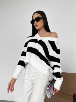Жіночий светр із V-подібним вирізом колір молочний-чорний 432190