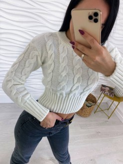 Жіночий светр укорочений з візерунком коси молочного кольору р.42/46 396791