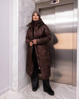 Жіноче стьобане тепле пальто колір шоколад р.50/52 448456