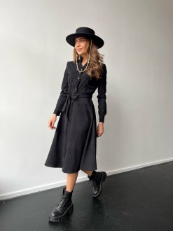 Жіноча сукня із вельвету з поясом колір чорний р.46/48 450332