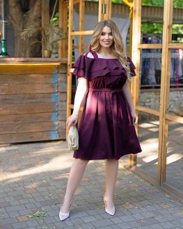 Жіноча літня сукня з подвійним рюшем кольору марсала р.44/46 433574