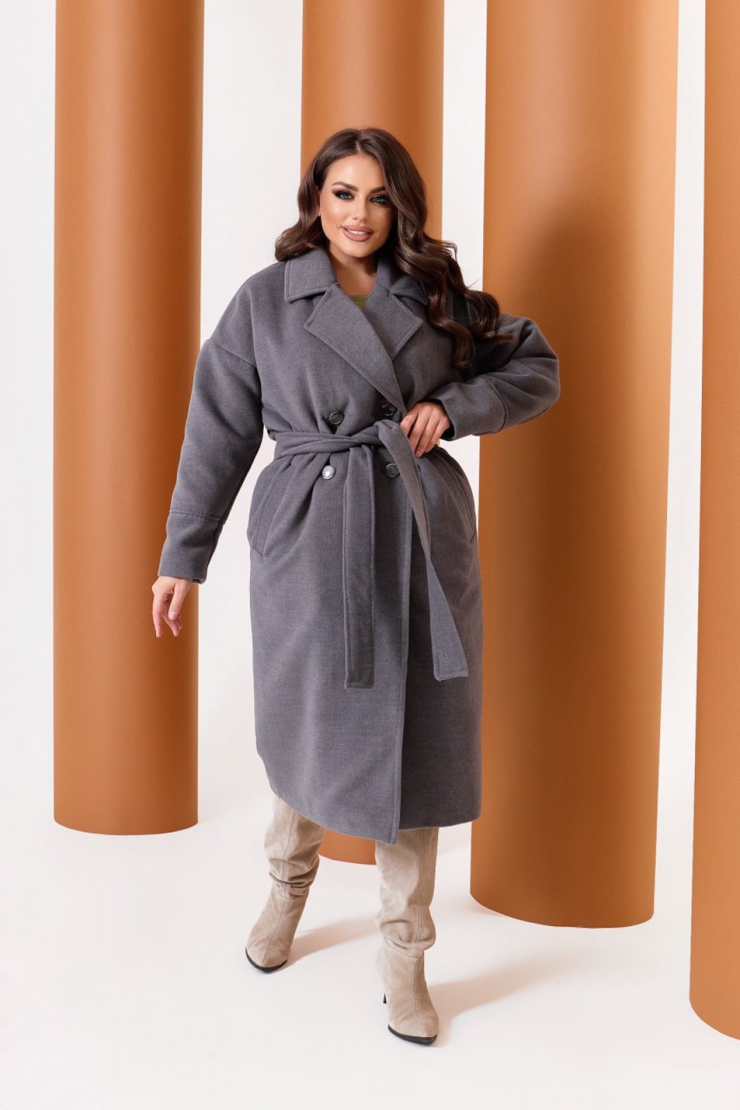 Пальто жіноче з кашеміру на підкладці з поясом сірого кольору р.52/54 376163
