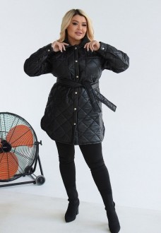 Жіноча тепла курточка з поясом колір чорний р.58/60 450068