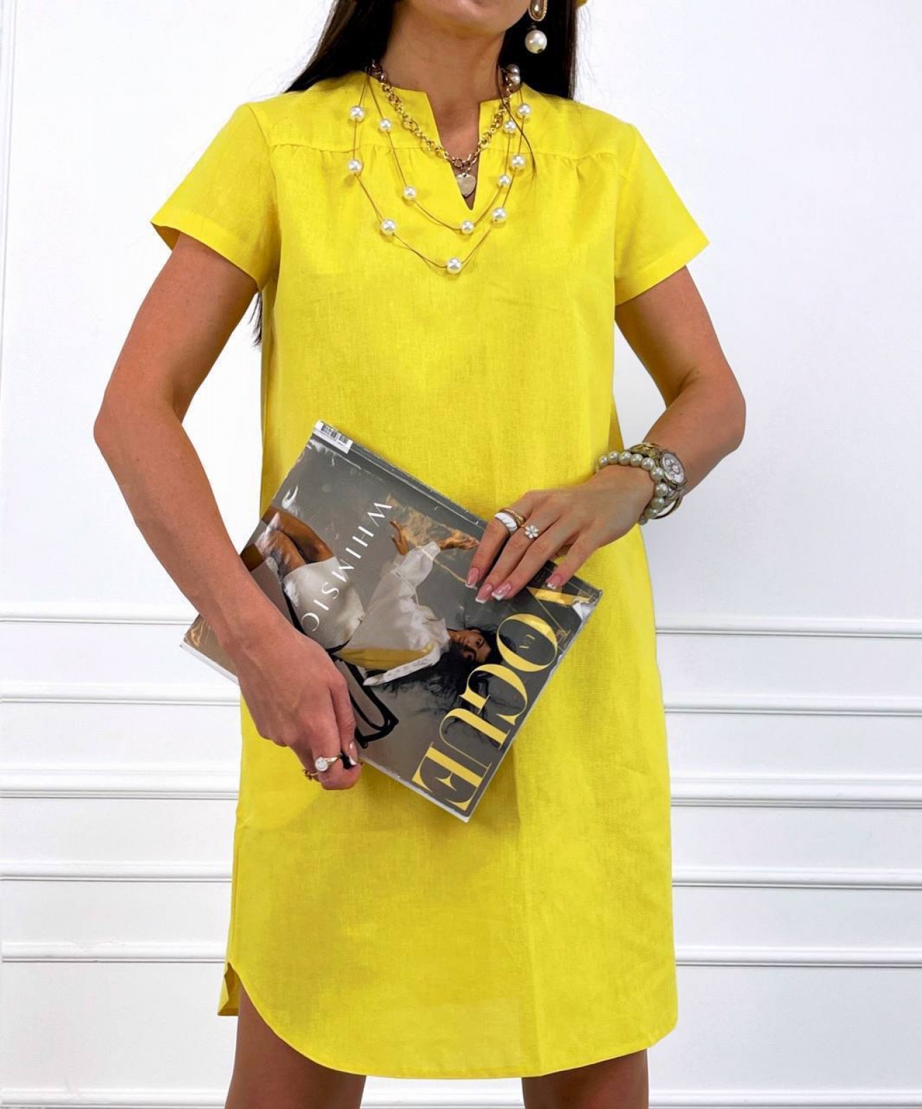 Жіноча лляна сукня вільного крою жовтого кольору р.46/48 359095