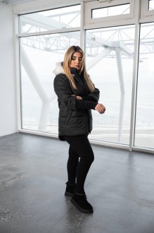 Жіноча тепла куртка з капюшоном на хутрі колір чорний р.60/62 447848