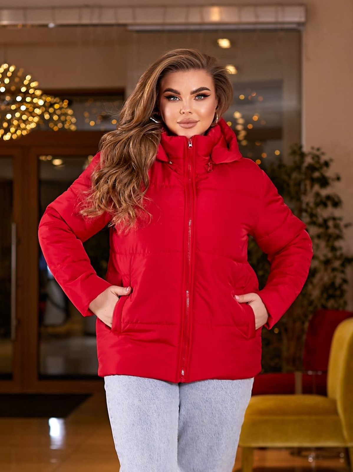 Жіноча весняна куртка червоного кольору р.56/58 406437
