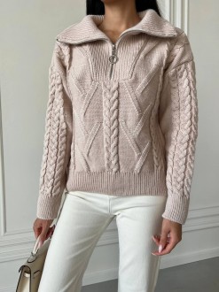 Жіночий светр з V-подібним коміром та блискавкою колір світло-бежевий р.42/46 445971