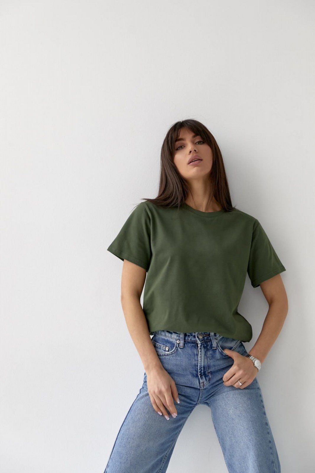 Жіноча базова футболка колір хакі р.XL 449925