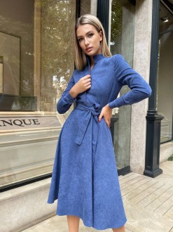 Жіноча сукня із вельвету з поясом колір джинс р.50/52 446327