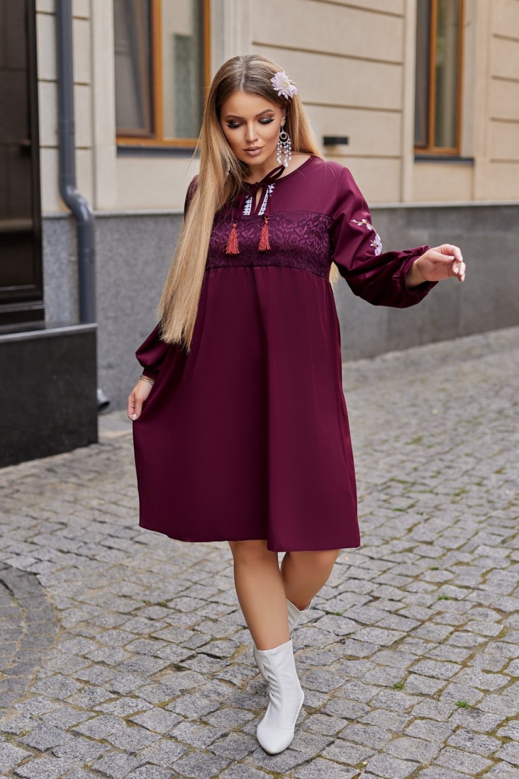 Жіноча ошатна сукня колір марсала р.52/54 377725