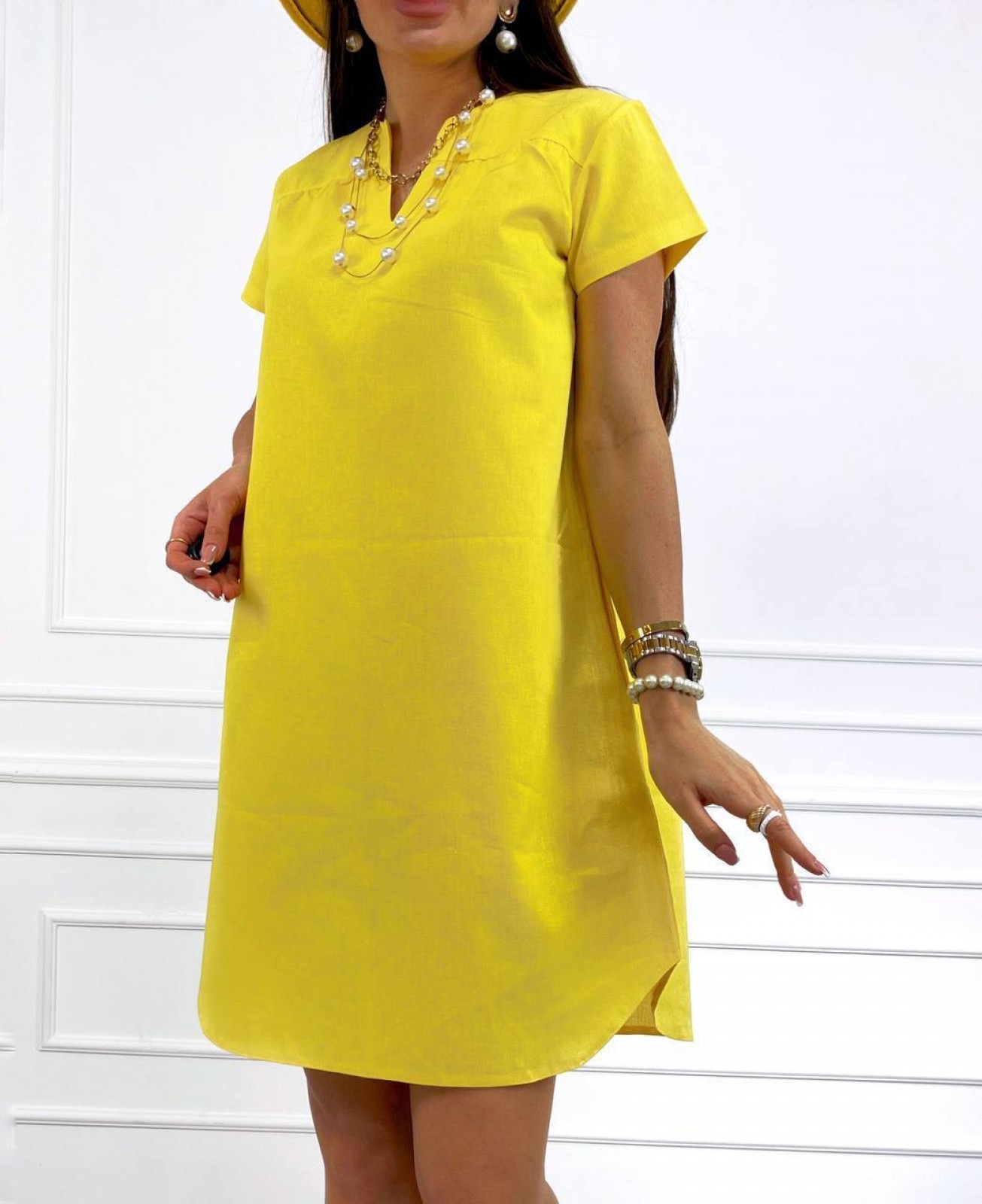 Жіноча лляна сукня вільного крою жовтого кольору р.46/48 359095