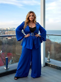 Жіночий костюм-двійка з шовку колір синій р.54/56 454700
