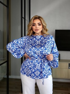Жіноча блуза вільного крою з шовку колір синій р.54/58 454711