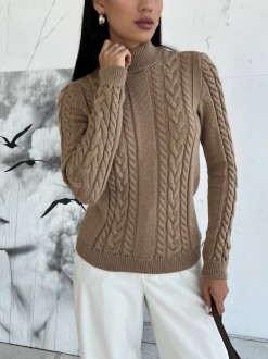 Жіночий в'язаний светр з візерунком коси колір кемел р.42/46 443570