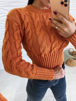 Жіночий светр укорочений з візерунком коси помаранчевого кольору р.42/46 396793