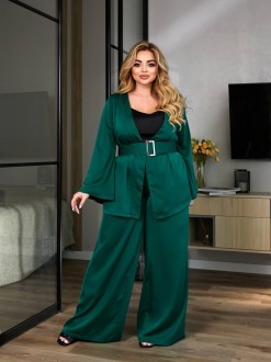 Жіночий костюм-двійка з шовку колір темно зелений р.50/52 454703