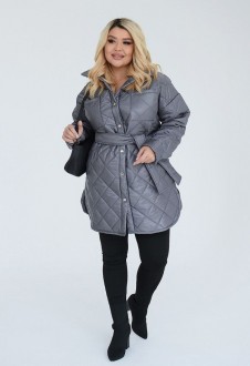 Жіноча тепла курточка з поясом колір сірий р.58/60 450066