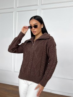 Жіночий светр з V-подібним коміром та блискавкою колір коричневий р.42/46 445975