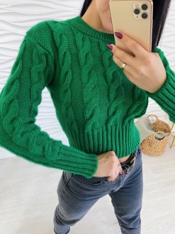 Жіночий светр укорочений з візерунком коси зеленого кольору р.42/46 396788