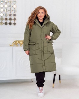Жіноча тепла куртка-пальто з капюшоном колір хакі р.54/56 449028