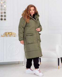 Жіноча тепла куртка-пальто з капюшоном колір хакі р.54/56 449028