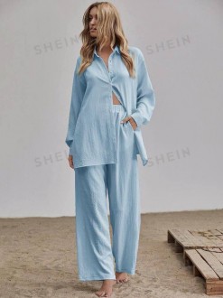 Жіночий лляний костюм двійка колір блакитний р.48/50 459035