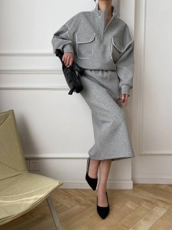 Жіночий костюм двійка зі спідницею колір сірий меланж р.58/60 451725