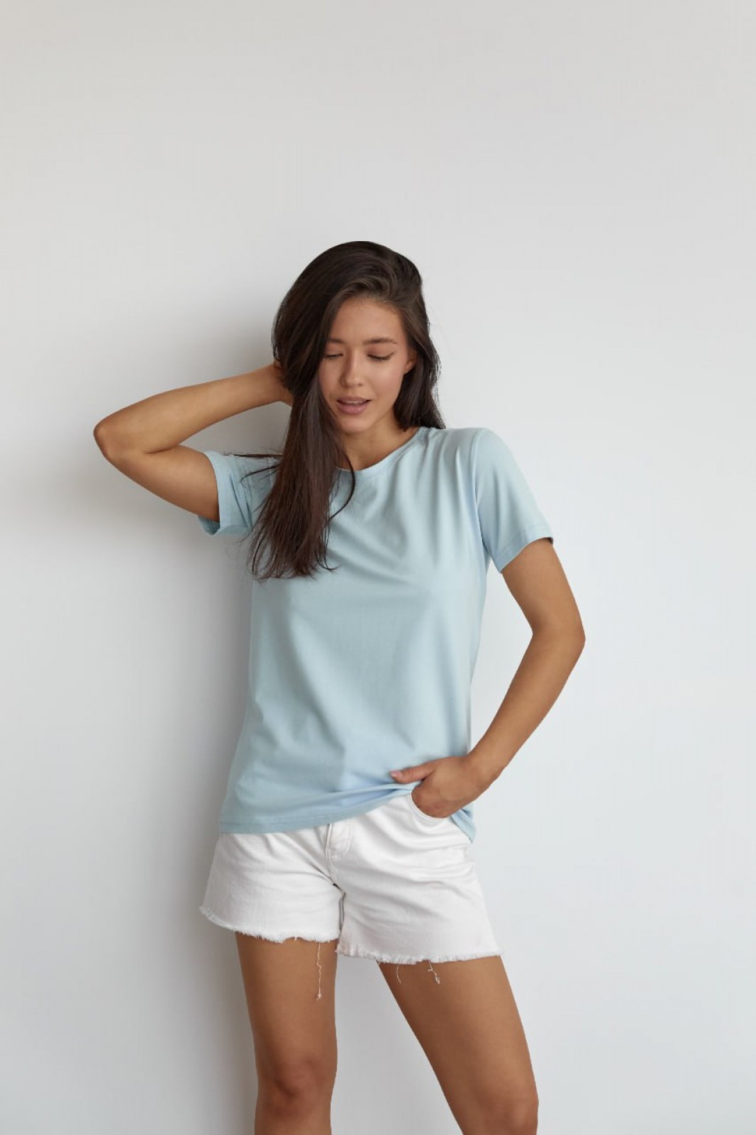 Жіноча базова футболка колір світло-блакитний р.XS 449645