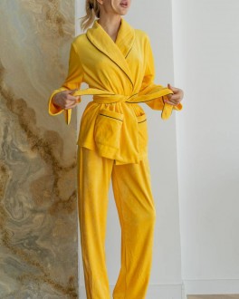 Жіноча піжама велюр Eva на запах жовтого кольору р.S 443772
