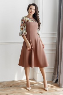 Жіноча сукня зі вставками із принтованого шифону бежева 381706