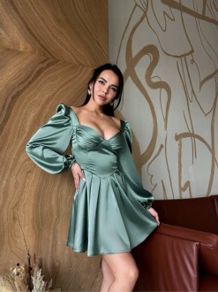 Жіноча сукня міні із сатину колір оливковий р.42 459580