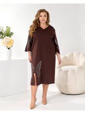 Женское трикотажное платье миди свободного кроя цвет коричневый, Цвет: Коричневый, Размер: 48