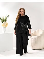 Женский трикотажный костюм двойка цвет черный, Цвет: Черный, Размер: 48