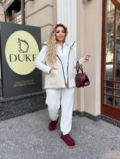 Женский велюровый костюм тройка с жилеткой цвет молочный, Цвет: Кремовий, Размер: 52