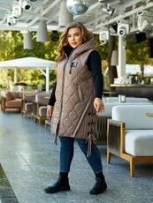 Женская удлиненная демисезонная жилетка цвет мокко, Цвет: Темно-бежевый, Размер: 56, изображение 3
