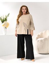 Женский трикотажный костюм двойка цвет бежевый-черный, Цвет: Бежевый, Размер: 48