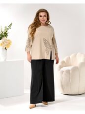 Женский трикотажный костюм двойка цвет бежевый-черный, Цвет: Бежевый, Размер: 48, изображение 2