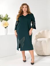 Женское трикотажное платье миди свободного кроя цвет изумрудный, Цвет: Изумрудный, Размер: 48