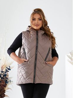Женская жилетка с капюшоном цвет мокко, Цвет: Темно-бежевый, Размер: 56