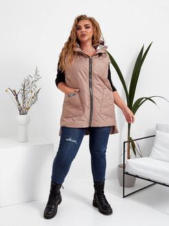 Женская жилетка с накладными карманами цвет мокко, Цвет: Темно-бежевый, Размер: 56