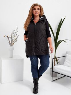 Женская жилетка с накладными карманами черного цвета, Цвет: Черный, Размер: 56