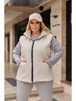 Женская жилетка с капюшоном цвет бежевый, Цвет: Бежевый, Размер: 60