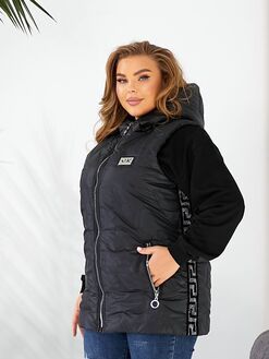 Женская жилетка цвет с капюшоном цвет черный, Цвет: Черный, Размер: 56