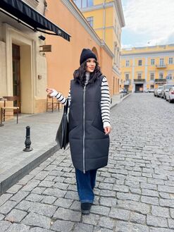 Женская длинная жилетка черного цвета, Цвет: Черный, Размер: 50